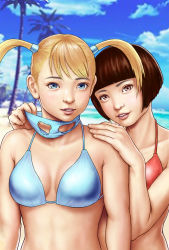 Rule 34 | 2girls, alternate breast size, artist request, asian, beach, big body, bikini, blonde hair, blue bikini, blue eyes, bob cut, breasts, brown eyes, brown hair, capcom, hands on another&#039;s shoulders, highres, mask, mask around neck, mask pull, unworn mask, multiple girls, photo background, rainbow mika, realistic, red bikini, small breasts, smile, street fighter, street fighter v, swimsuit, twintails, upper body, wrestling mask, yamato nadeshiko (street fighter)