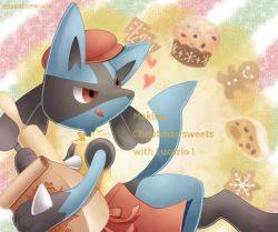 Rule 34 | :q, apron, bag, cake, character name, christmas, commentary request, creatures (company), food, game freak, gen 4 pokemon, hat, holding, looking back, lucario, nintendo, paper bag, pokemon, pokemon (creature), red eyes, red hat, rolling pin, sasabunecafe, solo, spikes, tongue, tongue out, waist apron, yellow fur
