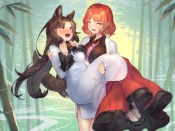 Rule 34 | 2girls, animal ears, bamboo, bamboo forest, blush, breasts, brooch, brown hair, carrying, commentary request, dress, flustered, forest, frilled sleeves, frills, horikawa raiko, imaizumi kagerou, jacket, jewelry, large breasts, long hair, long sleeves, looking at another, multicolored clothes, multicolored dress, multiple girls, nature, necktie, open clothes, open jacket, open mouth, pink necktie, princess carry, red eyes, red hair, short hair, skirt, sweatdrop, tail, teeth, tongue, touhou, upper teeth only, wankosoba (wanwan soba), white jacket, white skirt, wolf ears, wolf girl, wolf tail