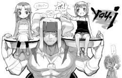 Rule 34 | 00s, 1boy, 3girls, :d, alex (street fighter), amami haruka, capcom, collarbone, crossover, greyscale, idolmaster, idolmaster (classic), idolmaster 1, kisaragi chihaya, long hair, looking at viewer, monochrome, multiple girls, muscular, open mouth, over shoulder, parted bangs, shue, sitting, size difference, smile, street fighter, takatsuki yayoi, tray, very long hair