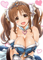 Rule 34 | 10s, 1girl, :d, bare shoulders, blush, breasts, brown eyes, brown hair, cleavage, ganari ryuu, granblue fantasy, highres, idolmaster, idolmaster cinderella girls, large breasts, long hair, looking at viewer, open mouth, short hair, simple background, smile, solo, totoki airi, twintails, white background