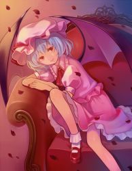Rule 34 | 1girl, ascot, bad id, bad pixiv id, bat wings, blue hair, brooch, chair, dress, hat, hat ribbon, jewelry, lazuri7, leg up, looking at viewer, mary janes, mob cap, petals, pink dress, puffy sleeves, red eyes, remilia scarlet, ribbon, shoes, short sleeves, sitting, solo, touhou, wings