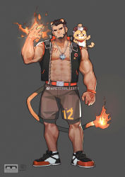 Rule 34 | 1boy, abs, absurdres, alca (wakatanka4), animal ears, bara, beard, belt, biceps, black hair, black jacket, bulge, chest hair, command spell, commission, creature, creature on shoulder, facial hair, flaming hand, full body, grey shorts, highres, jacket, large pectorals, leg hair, lion boy, lion ears, lion tail, looking at viewer, male focus, mature male, muscular, muscular male, navel, navel hair, nipples, on shoulder, open clothes, open jacket, orange belt, original, pectoral cleavage, pectorals, peterhl, red eyes, shoes, short hair, shorts, sideburns, sleeveless, sleeveless jacket, sneakers, solo, stomach, tail, thick eyebrows, thick thighs, thighs