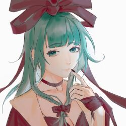 Rule 34 | 1girl, bra, breasts, chinese commentary, choker, chuangboli, cleavage, closed mouth, collarbone, commentary request, front ponytail, green eyes, green hair, hair ribbon, highres, kagiyama hina, long hair, medium breasts, portrait, red bra, red choker, red ribbon, red shirt, ribbon, shirt, simple background, solo, touhou, underwear, white background