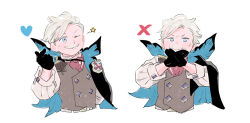 Rule 34 | 1boy, ascot, black cape, black gloves, blue eyes, brown vest, cape, facial hair, fate/grand order, fate (series), gloves, grey hair, heart, high collar, james moriarty (archer) (fate), male focus, multiple views, mustache, old, old man, one eye closed, oneroom-disco, red ascot, shirt, short hair, simple background, smile, star (symbol), vest, white background, white shirt, wrinkled skin, x, x arms