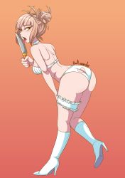 Rule 34 | 1girl, artist name, ass, ass cutout, back, badlavender, bent over, blonde hair, blunt bangs, blush, boku no hero academia, boots, bra, breasts, bridal garter, butt crack, choker, clothing cutout, double bun, fangs, gradient background, hair bun, heart cutout, high heel boots, high heels, highres, holding, holding knife, knife, leg up, licking, licking weapon, looking at viewer, medium breasts, orange background, panties, sideboob, signature, solo, toga himiko, tongue, tongue out, underwear, weapon, white bra, white panties, yellow eyes