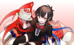 Rule 34 | black hair, black thighhighs, bow, bowtie, cake, fang, food, frills, fruit, hair between eyes, highres, holding, holding food, houjuu nue, looking at viewer, mogo (nonochi0120), open mouth, plate, pointy ears, red eyes, simple background, sitting, smile, solo, strawberry, thighhighs, touhou, tsurime, uneven eyes, wings