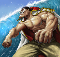Rule 34 | 1boy, edward newgate, epic, facial hair, male focus, manly, matataku, muscular, mustache, one piece, realistic, scar, topless male, solo, water, waves, white hair