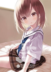 Rule 34 | 1girl, artist name, bed sheet, blurry, blurry background, blush, brown eyes, brown hair, brown skirt, capriccio, commentary request, depth of field, hair between eyes, head tilt, indoors, looking at viewer, looking to the side, original, oversized clothes, parted lips, plaid, plaid skirt, pleated skirt, sailor collar, school uniform, serafuku, shirt, short sleeves, sitting, skirt, solo, white sailor collar, white shirt, wide sleeves, window