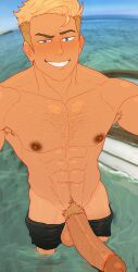 Rule 34 | 1boy, absurdres, armpit hair, armpits, blonde hair, blue eyes, clothes pull, cuckoo chan, david nelson, heartstopper, highres, male focus, muscular, muscular male, nipples, nude, ocean, pectorals, penis, shorts, shorts pull, solo, testicles, topless, wet
