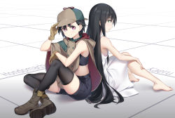 Rule 34 | 2girls, absurdres, adjusting clothes, adjusting headwear, back-to-back, barefoot, black hair, black legwear, black shorts, brown footwear, brown gloves, coat, dress, flat chest, gloves, green eyes, hat, highres, hijiriido miyo, id invaded, k.t.cube, kaeru (id invaded), long hair, looking at viewer, multiple girls, pantyhose, pink eyes, short hair, shorts, sitting, thighhighs, white dress