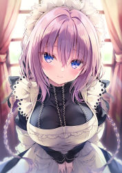Rule 34 | 1girl, :&gt;, apron, blush, braid, breasts, closed mouth, curtains, eyebrows hidden by hair, facing viewer, female focus, game cg, hair between eyes, happy, highres, indoors, large breasts, light blush, light rays, looking at viewer, maid, maid headdress, original, pink hair, purple eyes, rubi-sama, smile, solo, standing, twin braids, upper body, window