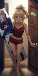 Rule 34 | 1girl, alternate costume, artoria pendragon (all), artoria pendragon (fate), barefoot, blonde hair, blue eyes, blush, breasts, camisole, dakimakura (object), doorway, expressionless, fate/apocrypha, fate/grand order, fate (series), feet, female focus, frilled shorts, frills, full body, gluteal fold, groin, highres, implied yuri, lipstick mark, looking at viewer, midriff, mordred (fate), mother and daughter, navel, no pants, panties, pillow, ponytail, pov doorway, red camisole, red panties, red scrunchie, red shorts, saber (fate), scrunchie, shirt, short shorts, shorts, small breasts, solo, striped, toes, tonee, underwear