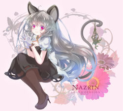 Rule 34 | 1girl, aged up, alternate hair length, alternate hairstyle, animal ears, black pantyhose, blush, dress, female focus, gloves, high heels, iris anemone, long hair, mouse (animal), mouse ears, mouse tail, nazrin, pantyhose, red eyes, shoes, silver hair, smile, solo, tail, touhou, white gloves