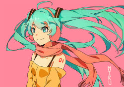 Rule 34 | 1girl, ahoge, bad id, bad pixiv id, character name, earmuffs, floating hair, green eyes, green hair, hatsune miku, long hair, matching hair/eyes, pink background, red scarf, scarf, smile, solo, twintails, very long hair, vocaloid, zhuxiao517