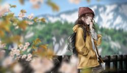 Rule 34 | 1girl, backpack, bag, blurry, blurry background, blurry foreground, brown hair, cherry blossoms, commentary, depth of field, fence, hat, jacket, long hair, low-tied long hair, original, outdoors, pantyhose, pantyhose under shorts, shorts, solo, sweater, tree bowbow