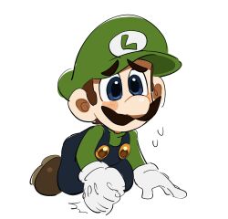 Rule 34 | 1boy, blue eyes, blue overalls, brown hair, facial hair, gloves, green hat, green shirt, hat, highres, luigi, male focus, mario (series), mimimi (mimimim9999), mustache, nervous, nintendo, overalls, shirt, short hair, simple background, solo, white background, white gloves