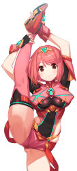 Rule 34 | 1girl, absurdres, black gloves, blush, breasts, chest jewel, earrings, fingerless gloves, gloves, green322, highres, jewelry, large breasts, leg up, looking at viewer, pyra (xenoblade), red eyes, red hair, red shorts, red thighhighs, short hair, short shorts, shorts, simple background, smile, split, standing, standing on one leg, standing split, swept bangs, thighhighs, tiara, xenoblade chronicles (series), xenoblade chronicles 2