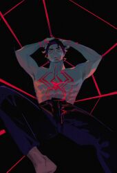 Rule 34 | 1boy, armpit hair, arms behind head, arms up, barefoot, black hair, blood, blood in mouth, blood on chest, blood on clothes, blue hair, bound, fangs, glowing, glowing eyes, highres, marion bordeyne, marvel, miguel o&#039;hara, pants, red eyes, silk, solo, spider-man: across the spider-verse, spider-man (series), spider-verse, spider web, spread legs, tied up (nonsexual), topless male