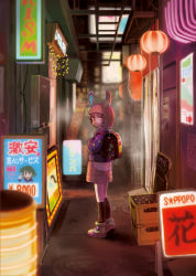 Rule 34 | 1girl, alley, kouka (mrakano5456), lantern, looking at viewer, looking back, neon lights, original, pink hair, red eyes, short hair, sign, solo, translation request