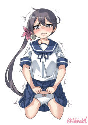 Rule 34 | 10s, 1girl, akebono (kancolle), bad id, bad twitter id, bell, blue skirt, blush, bow, bow panties, clothes lift, collarbone, cowboy shot, cropped legs, ebifurya, flower, hair bell, hair between eyes, hair flower, hair ornament, highres, inactive account, kantai collection, lifting own clothes, long hair, looking at viewer, panties, pink bow, pink flower, pleated skirt, purple eyes, purple hair, school uniform, serafuku, short sleeves, side ponytail, simple background, skirt, skirt lift, solo, tears, trembling, twitter username, underwear, very long hair, white background, white panties