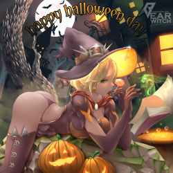 Rule 34 | 1girl, artist name, ass, bat (animal), bearwitch, blonde hair, blue eyes, book, breasts, brown dress, brown gloves, brown hat, brown thighhighs, bubble, candy, capelet, castle, dress, earrings, elbow gloves, eyelashes, floating, food, from side, full moon, ghost, gloves, glowing, halloween, halloween costume, happy halloween, hat, hat belt, highres, house, jack-o&#039;-lantern, jack-o&#039;-lantern earrings, jewelry, ladle, lamppost, large breasts, lollipop, looking at viewer, lying, mercy (overwatch), moon, moss, night, official alternate costume, on stomach, overwatch, overwatch 1, panties, pumpkin, pumpkin soup, purple panties, rock, short hair, short sleeves, sitting, sitting on rock, solo, swirl lollipop, thighhighs, thong, tongue, tongue out, tree, underwear, watermark, web address, window, witch, witch hat, witch mercy