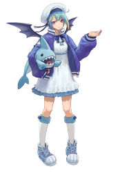 Rule 34 | 1girl, blonde hair, blue bow, blue footwear, blue hair, blue jacket, bow, closed mouth, dress, full body, fur trim, hand up, hat, highres, holding, holding stuffed toy, jacket, kneehighs, lil-la (yu-gi-oh!), live twin lil-la, looking at viewer, mini wings, multicolored hair, naxile, purple eyes, sailor hat, short hair, simple background, socks, solo, standing, stuffed animal, stuffed shark, stuffed toy, white background, white dress, wings, yu-gi-oh!