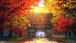 Rule 34 | 1girl, architecture, autumn, autumn leaves, black hair, bush, copyright notice, dappled sunlight, east asian architecture, facing away, falling leaves, from behind, gate, hakama, japanese clothes, kimono, leaf, long hair, miko, mountain, official art, original, outdoors, pavement, red hakama, scenery, shrine, smile (qd4nsvik), solo, standing, sunlight, tree, white kimono