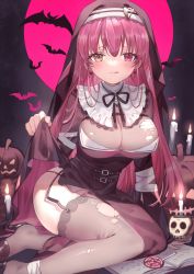 Rule 34 | 1girl, :q, alternate costume, bat (animal), black dress, black footwear, black ribbon, black thighhighs, blush, bodystocking, book, breasts, candle, candy, cleavage, commentary request, detached collar, dress, ear piercing, earrings, food, garter straps, habit, hair between eyes, heart, heart-shaped pupils, heart earrings, heterochromia, high heels, highres, hololive, houshou marine, jack-o&#039;-lantern, jewelry, large breasts, lollipop, long hair, long sleeves, looking at viewer, moon, neck ribbon, nun, open book, piercing, red eyes, red hair, red moon, ribbon, shiohana, sitting, solo, swirl lollipop, symbol-shaped pupils, thighhighs, tongue, tongue out, torn bodystocking, torn clothes, torn thighhighs, virtual youtuber, yellow eyes