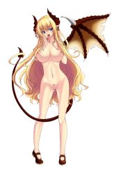 Rule 34 | 1girl, blonde hair, breasts, demon girl, enoko (zqfebi), fangs, highres, horns, large breasts, long hair, long tongue, nipples, nude, pubic hair, pussy, simple background, single wing, tail, tongue, tongue out, uncensored, white background, wings
