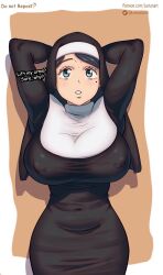 Rule 34 | 1girl, arms behind head, arms up, black clover, blue eyes, blue hair, breasts, clueless, covered erect nipples, covered navel, curvy, dress, female focus, highres, large breasts, lily aquaria, looking at viewer, lorianarts, midriff, mole, navel, nipples, nun, solo, text focus, thick thighs, thighs, tight clothes, tight dress