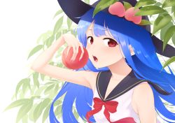 Rule 34 | 1girl, alternate costume, arm up, armpit crease, armpit peek, bare arms, black hat, blue hair, blue sailor collar, blurry, commentary request, depth of field, food, fruit, hat, highres, hinanawi tenshi, holding, holding food, holding fruit, kanpa (campagne 9), leaf, leaf background, long hair, looking at viewer, nail polish, neckerchief, open mouth, peach, pink nails, red eyes, red neckerchief, sailor collar, sailor shirt, shirt, sleeveless, sleeveless shirt, solo, standing, teeth, touhou, upper body, upper teeth only, very long hair, white background