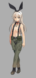Rule 34 | 10s, 1girl, black eyes, blonde hair, boots, full body, grey background, ikuyoan, kantai collection, long hair, looking at viewer, metal gear (series), metal gear solid, naked suspenders, navel, pants, personification, petite, shimakaze (kancolle), simple background, solo, suspenders, topless