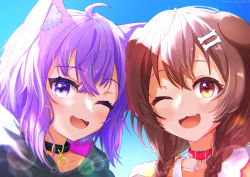 Rule 34 | 2girls, :3, ;d, absurdres, animal collar, animal ear fluff, animal ears, braid, brown eyes, brown hair, cat ears, cat girl, collar, dog ears, dog girl, fang, hair between eyes, heads together, highres, hololive, inugami korone, inugami korone (1st costume), iruto, lens flare, looking at viewer, low twin braids, multiple girls, nekomata okayu, nekomata okayu (1st costume), one eye closed, open mouth, portrait, purple eyes, purple hair, smile, symmetry, twin braids, upper body, virtual youtuber