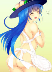 Rule 34 | 1girl, abe ranzu, apron, ass, bad id, bad pixiv id, blue hair, blush, closed eyes, fang, food, fruit, hat, hinanawi tenshi, leaf, long hair, looking back, naked apron, open mouth, peach, simple background, solo, strap slip, sweat, touhou