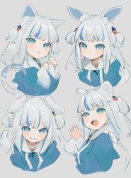 Rule 34 | 1girl, animal ear fluff, animal ears, blue eyes, blue hair, blue hoodie, blush, cat ears, cat tail, claw pose, clenched teeth, closed mouth, commentary, dog ears, dog tail, gawr gura, gotou (nekocat), grey background, hair ornament, highres, hololive, hololive english, hood, hoodie, kemonomimi mode, lion ears, lion tail, long hair, looking at viewer, multicolored hair, multiple views, open mouth, rabbit ears, rabbit tail, shark hair ornament, sharp teeth, short twintails, silver hair, simple background, streaked hair, tail, teeth, twintails, two-tone hair, two side up, upper body, virtual youtuber