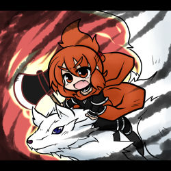 Rule 34 | 1girl, axe, blue eyes, cape, eyebrows, fang, hair up, letterboxed, long hair, oono mayu, open mouth, pixiv azriel, red eyes, red hair, riding, weapon, wolf, yanagi (nurikoboshi)