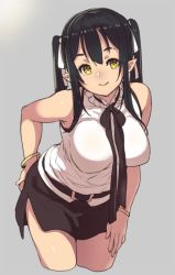 Rule 34 | 1girl, arm behind back, bare shoulders, belt, black bow, black hair, black skirt, bow, bracelet, breasts, cowboy shot, cropped legs, elf (houtengeki), hair ribbon, hand on own ass, houtengeki, jewelry, jpeg artifacts, large breasts, leaning, leaning forward, long hair, looking at viewer, original, pointy ears, ribbon, silver background, skirt, sleeveless, smile, solo, white ribbon, yellow eyes