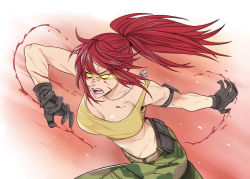 Rule 34 | 1girl, bare shoulders, belt, blood, blood splatter, breasts, camouflage, camouflage pants, crylin6, dark persona, dog tags, gloves, glowing, glowing eyes, highres, leona heidern, open mouth, orochi leona, pants, ponytail, solo, tank top, the king of fighters, the king of fighters xv, yellow eyes, yellow tank top