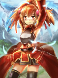 Rule 34 | 10s, 1girl, armor, armpits, arms up, blonde hair, dragon, edobox, feathers, hair bobbles, hair ornament, pina (sao), red eyes, short twintails, silica, sword art online, twintails