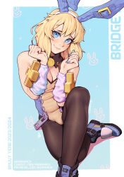 Rule 34 | 1boy, animal ears, ankle boots, aurahack, black pantyhose, blonde hair, blue eyes, blue footwear, blue nails, boots, bridget (guilty gear), bulge, character name, commentary, detached collar, english commentary, fake animal ears, fingernails, guilty gear, guilty gear strive, highres, leotard, looking at viewer, male focus, medium hair, nail polish, pantyhose, playboy bunny, rabbit ears, ringed eyes, sitting, solo, trap, two-tone leotard, zipper, zipper leotard, zipper pull tab