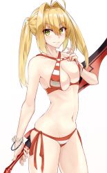 Rule 34 | 1girl, absurdres, ahoge, bikini, bikini top lift, blonde hair, bracelet, breasts, cleavage, closed mouth, clothes lift, contrapposto, cowboy shot, criss-cross halter, fate/grand order, fate (series), green eyes, hair between eyes, hair intakes, halterneck, highres, jewelry, light smile, long hair, looking at viewer, medium breasts, navel, nero claudius (fate), nero claudius (fate) (all), nero claudius (swimsuit caster) (fate), shunichi, side-tie bikini bottom, simple background, skindentation, solo, standing, striped bikini, striped clothes, swimsuit, sword, weapon, white background