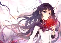 Rule 34 | 10s, 1girl, akemi homura, akemi homura (magical girl), bad id, bad pixiv id, black hair, female focus, floating hair, flower, hairband, hana&#039;s (sora no kioku), holding, long hair, magical girl, mahou shoujo madoka magica, mahou shoujo madoka magica (anime), open mouth, purple eyes, solo, spider lily, string, string of fate, tears, wind