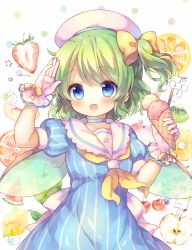 Rule 34 | 1girl, :d, arm up, beret, blue dress, blue eyes, blush, bow, coa (chroo x), commentary request, daiyousei, double scoop, dress, fingernails, food, fruit, gloves, green hair, hair between eyes, hair bow, hat, holding, holding food, ice cream, ice cream cone, multicolored polka dots, neckerchief, one side up, open mouth, polka dot, polka dot background, puffy short sleeves, puffy sleeves, sailor collar, sailor dress, short sleeves, smile, solo, star (symbol), strawberry, striped clothes, striped dress, touhou, vertical-striped clothes, vertical-striped dress, white background, white gloves, white hat, white sailor collar, yellow bow, yellow neckerchief