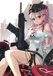 Rule 34 | 1girl, ammo21204760, black jacket, black nails, breasts, cleavage, combat shotgun, feet out of frame, fo-12 (girls&#039; frontline), fostech origin-12, girls&#039; frontline, gun, jacket, jewelry, long hair, medium breasts, necklace, off shoulder, pink hair, red eyes, route 66, shirt, shotgun, weapon, white shirt