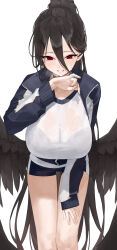 Rule 34 | 1girl, black hair, black wings, blue archive, blush, breasts, feathered wings, gdd (vkejr702), grin, hasumi (blue archive), hasumi (track) (blue archive), highres, jacket, large breasts, long hair, long sleeves, looking at viewer, mole, mole under eye, official alternate costume, official alternate hairstyle, ponytail, red eyes, simple background, smile, solo, track jacket, very long hair, white background, wings