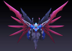 Rule 34 | absurdres, aqua eyes, black background, destiny gundam spec ii, full body, glowing, glowing eyes, gradient background, grey background, gundam, gundam seed, gundam seed freedom, highres, ka ki o, looking at viewer, mecha, mobile suit, no humans, robot, science fiction, solo, spread wings, v-fin