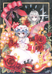 Rule 34 | 2girls, bat (animal), bow, colored pencil (medium), crystal, female focus, flower, hand on own chin, hand on own face, izayoi sakuya, knife, leaf, maid, maid headdress, mosho, multiple girls, remilia scarlet, rose, see-through, signature, throwing knife, touhou, traditional media, weapon, wings