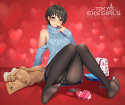 Rule 34 | 1girl, aqua eyes, bare shoulders, black hair, blush, box, chocolate, feet, food, full body, fur trim, gift, gift box, gusset, heart, heart background, heart print, highres, holding, jacket, lips, logo, long sleeves, looking at viewer, masami chie, miniskirt, no shoes, official art, panties, panties under pantyhose, pantyhose, pantyshot, parted lips, red background, ribbed sweater, short hair, sitting, skirt, sleeves past wrists, smile, soles, solo, sweater, toes, tokyo exe girls, turtleneck, underwear