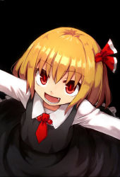 Rule 34 | 1girl, :d, blonde hair, blouse, fang, frilled skirt, frills, hair ribbon, open mouth, outstretched arms, red eyes, ribbon, rizento, rumia, shirt, short hair, skirt, smile, spread arms, touhou, vest
